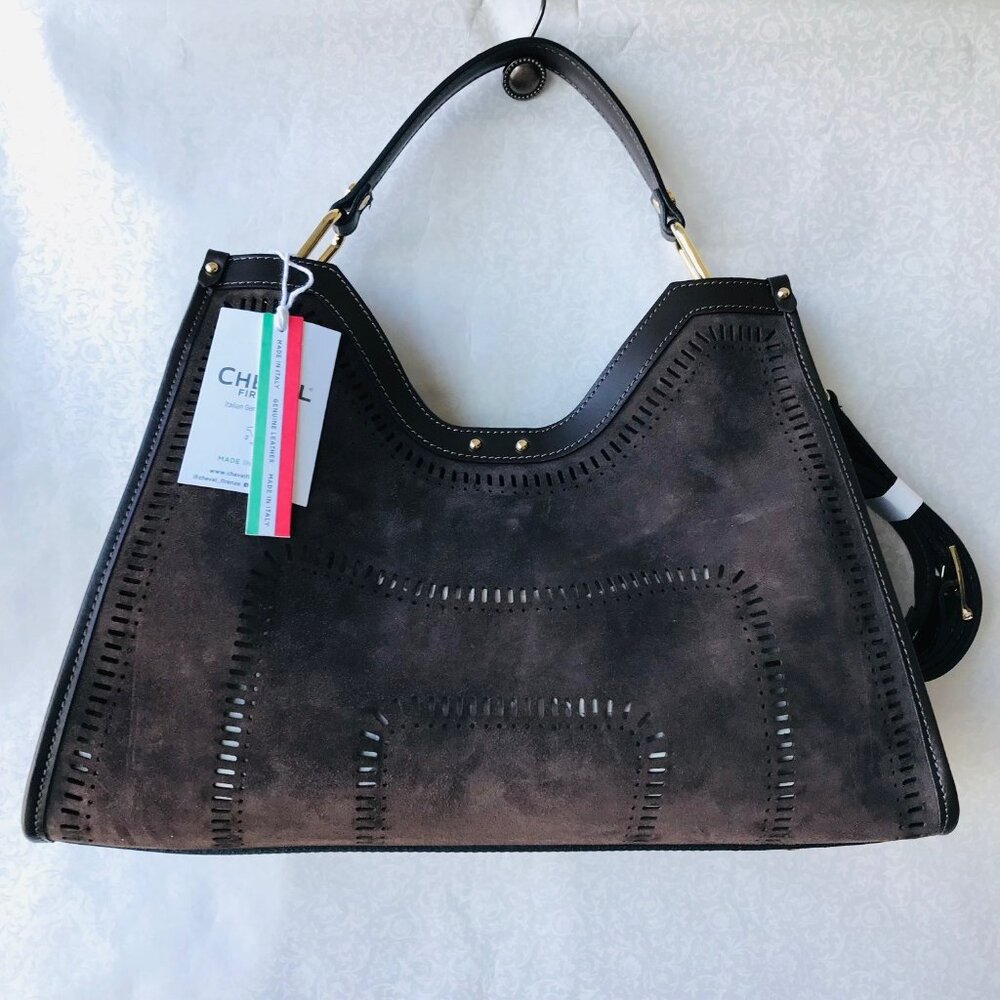 CHEVAL Suede Geo Satchel perforations  w pouch Brown Made In Italy